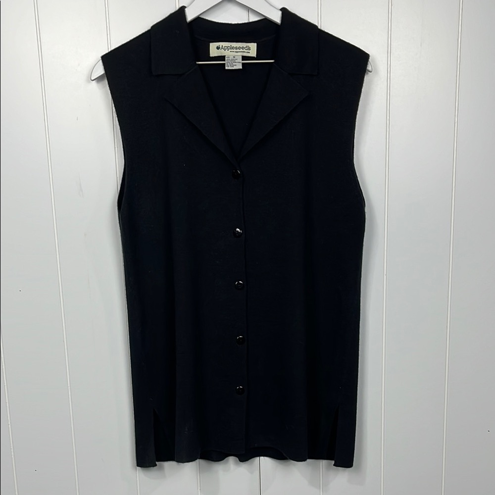 Appleseed’s Womens Vest M Black Notched Collar Button Up Side Slits Stretch EUC